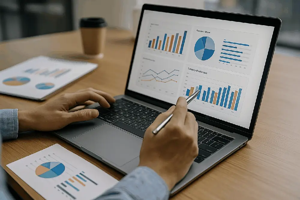 Laptop displaying charts and graphs