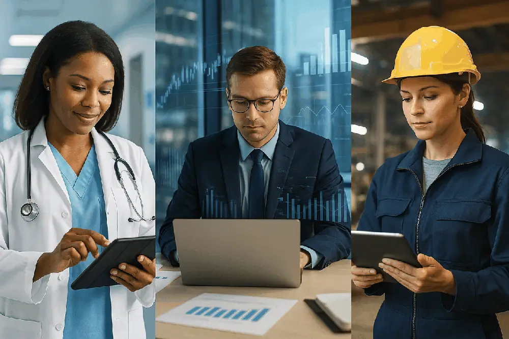 Professionals from diverse industries using technology